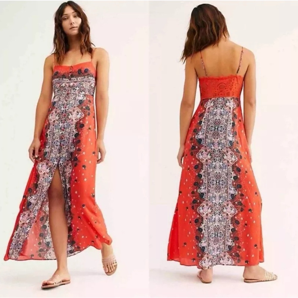 Free People NWT Morning song printed maxi slip orange multicolor